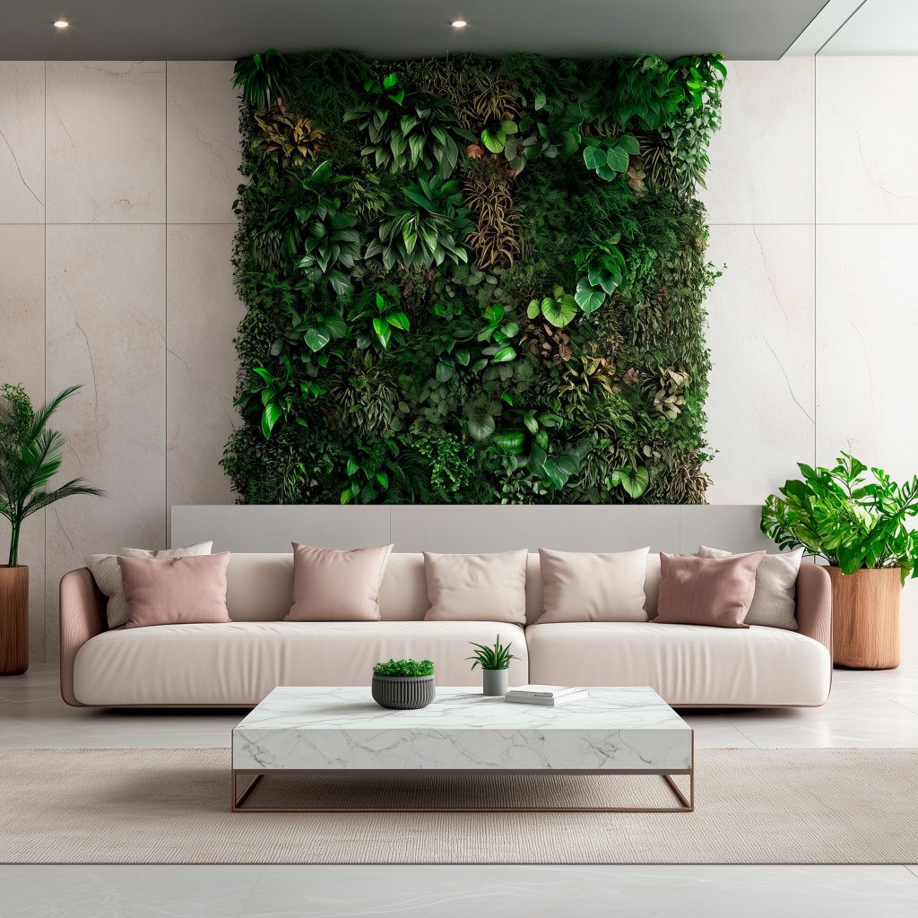 Conceptual image of biophilic design in your living room—marble table, neutral tones on the sofa and cushions, and a vertical garden wall decoration.